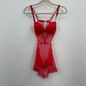 Victoria's Secret Red 34C Lace Open Back Babydoll Lingerie Nightie